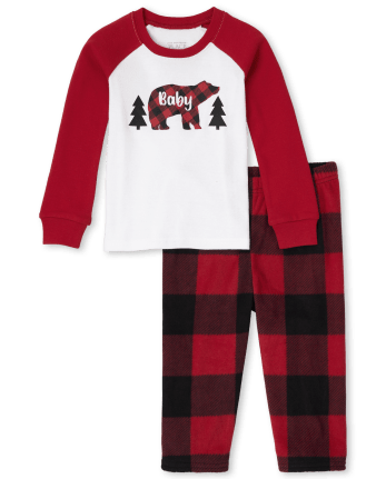 Unisex Baby And Toddler Matching Family Bear Buffalo Plaid Snug Fit Cotton And Fleece Pajamas
