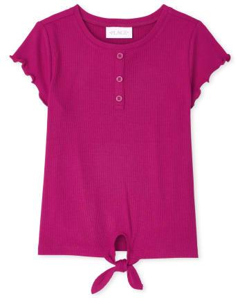 Girls Ribbed Tie Front Henley Top