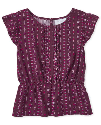 Girls Print Pintuck Ruffle Top