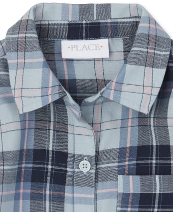 Girls Plaid Twill Tie Front Button Up Shirt
