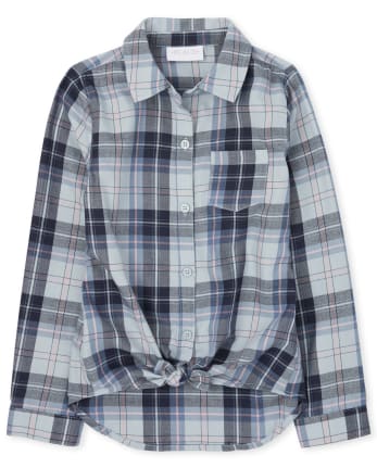 Girls Plaid Twill Tie Front Button Up Shirt