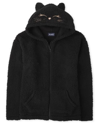 Womens Mommy And Me Cat Sherpa Zip-Up Hoodie