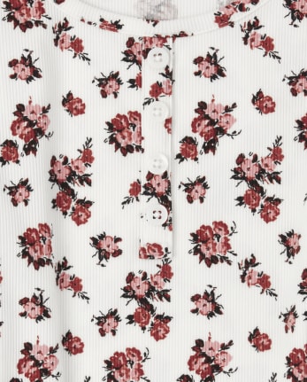 Top con cuello henley acanalado floral con lazo en el frente para niñas