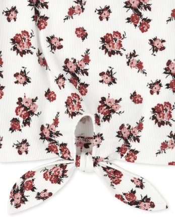 Top con cuello henley acanalado floral con lazo en el frente para niñas