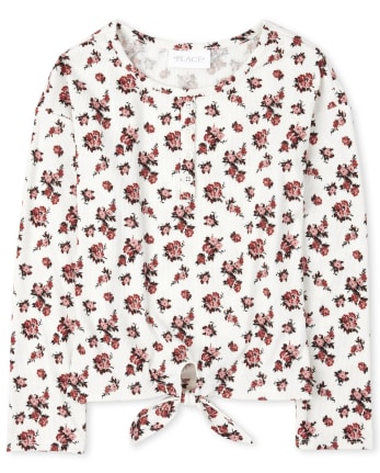 Top con cuello henley acanalado floral con lazo en el frente para niñas