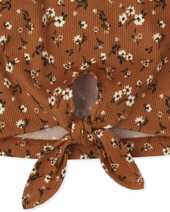 Girls Floral Ribbed Tie Front Henley Top