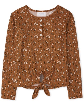 Girls Floral Ribbed Tie Front Henley Top