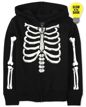 Unisex Kids Long Sleeve Halloween Glow In The Dark Skeleton Zip Up