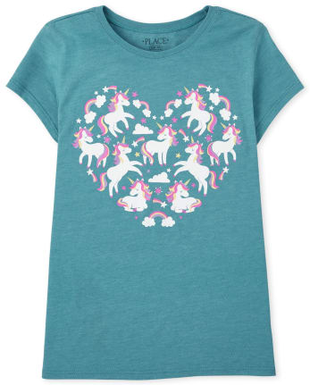 Camiseta con estampado de corazón de unicornio para niñas