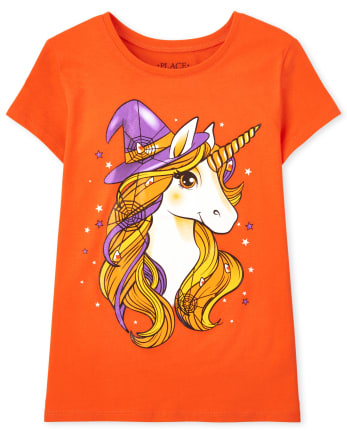 Camiseta estampada con sombrero de bruja de unicornio para niñas
