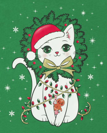 Girls Christmas Cat Graphic Tee