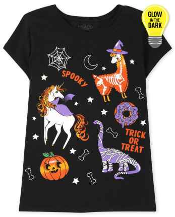 Girls Glow Halloween Animals Graphic Tee