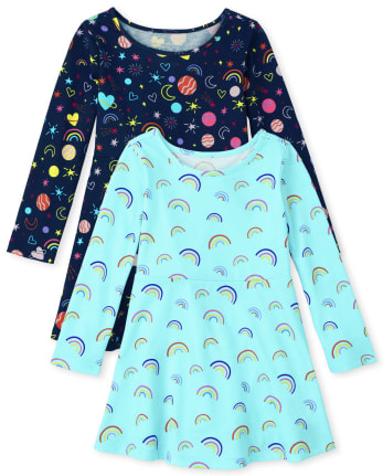 Toddler Girls Rainbow Space Skater Dress 2-Pack