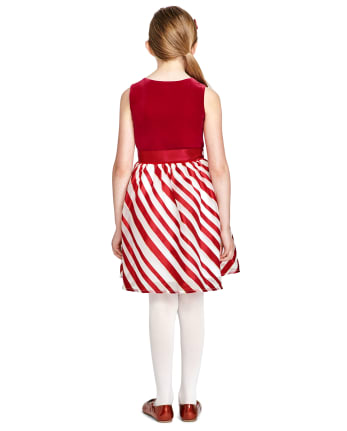 Girls Velour Striped Knit To Woven Dress