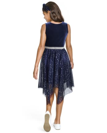 Girls Sequin Velour Hanky Hem Dress
