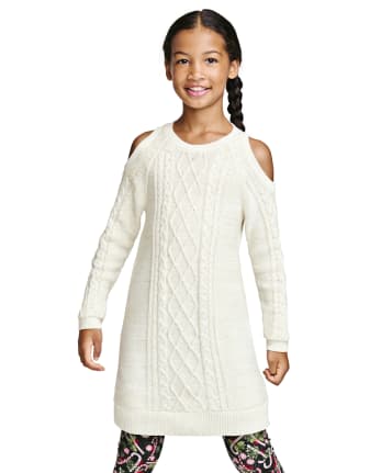 Girls Cable Knit Cold Shoulder Sweater Dress