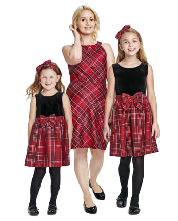 Toddler Girls Mommy And Me Plaid Velour Knit To Woven Dress