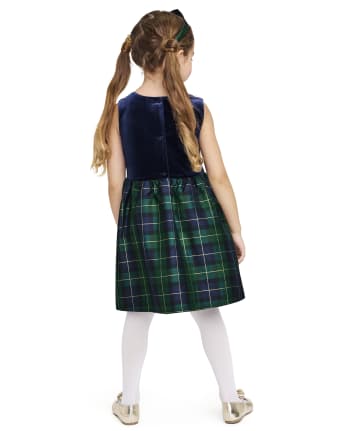 Toddler Girls Plaid Velour Knit To Woven Dress