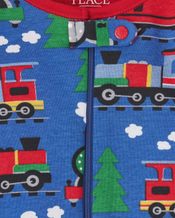 Pijama de una pieza de algodón para bebés y niños pequeños Trains Snug Fit