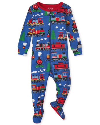 Pijama de una pieza de algodón para bebés y niños pequeños Trains Snug Fit