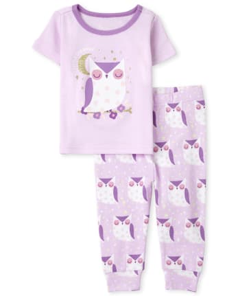 Pijama de algodón ajustado con búho brillante para bebés y niñas pequeñas