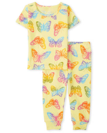 Pijama de algodón de ajuste ceñido con mariposa arcoíris para bebés y niñas pequeñas