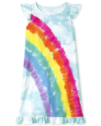 Girls` Rainbow Spiral Tie Dye Dress with Ruffle.