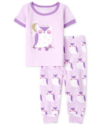 Pyjama en coton ajusté à motif hibou pailleté pour bébés et petites filles