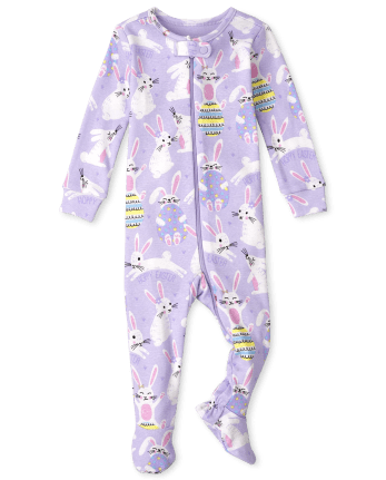 Baby And Toddler Girls Easter Long Sleeve 'Hoppy Easter' Bunny Snug Fit Cotton One Piece Pajamas