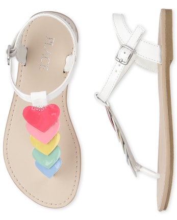 Sandalias con correa en forma de T y corazón arcoíris para niñas