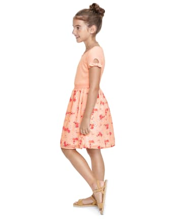 Girls Floral Ribbed Knit To Woven Dress