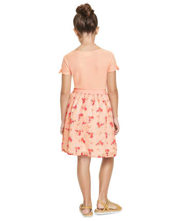 Girls Floral Ribbed Knit To Woven Dress