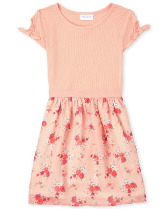 Girls Floral Ribbed Knit To Woven Dress