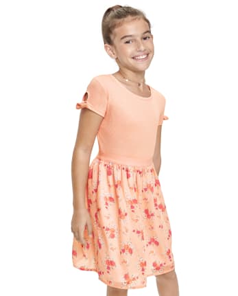 Girls Floral Ribbed Knit To Woven Dress