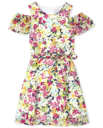 Girls Short Sleeve Floral Print Woven Cold Shoulder Dress | The ...