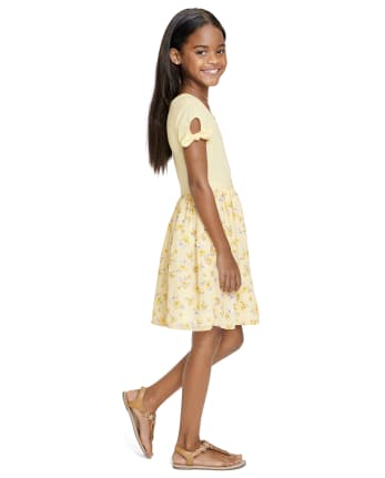 Girls Floral Ribbed Knit To Woven Dress
