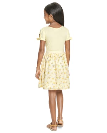 Girls Floral Ribbed Knit To Woven Dress