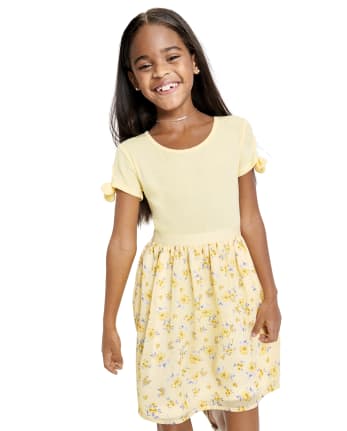 Girls Floral Ribbed Knit To Woven Dress