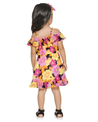 Kid Girl Floral Print Cold Shoulder Flounce Sleeveless Dress
