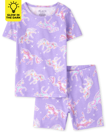 Girls Glow Tie Dye Unicorn Snug Fit Cotton Pajamas