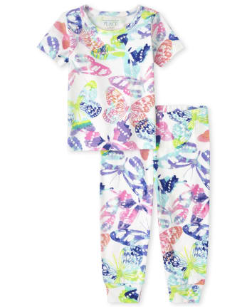 Pijamas de algodón ajustados con mariposa arcoíris para bebés y niñas pequeñas