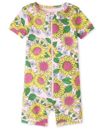 Pijama de una pieza de algodón con ajuste ceñido de girasol para niñas pequeñas y bebés
