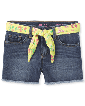 Girls Belted Denim Shortie Shorts