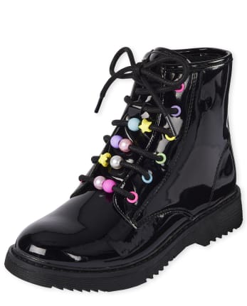 Girls Patent Beaded Lace Up Booties | The Children's Place - BLACK
