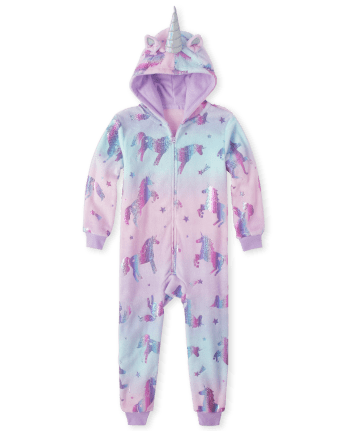 Pijama de una pieza con capucha y forro con estampado de unicornio y manga larga para niñas | The Children's Place - CHARISMA