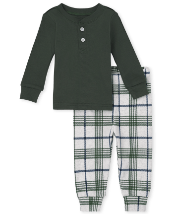 Pijama de algodón de ajuste ceñido Henley a cuadros para bebés y niños pequeños
