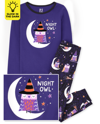 Pijama de algodón con ajuste ceñido de búho nocturno brillante para niñas