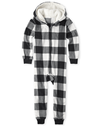 Pijama de una pieza con capucha de lana a cuadros de de manga larga para niños unisex a juego con la familia de Navidad | The Place - BLACK