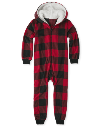 Unisex Kids Matching Family Christmas Long Sleeve Buffalo Plaid Hooded  Fleece One Piece Pajamas