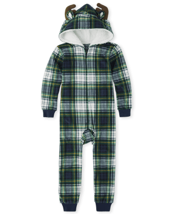 Unisex Kids Matching Family Fleece Plaid Moose One Piece Pajamas